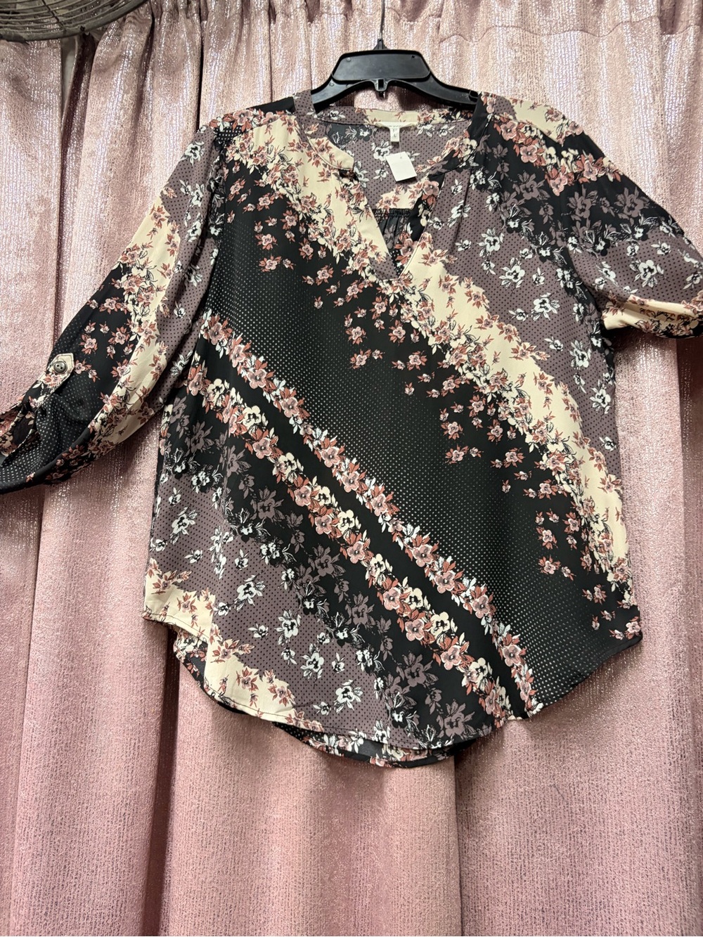 Maurices Black and Cream Floral Patchwork V-Neck Blouse